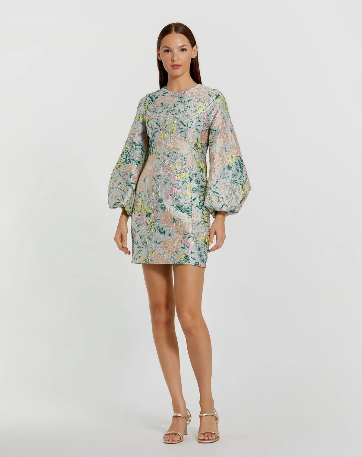 Mac Duggal Multicolor Floral Brocade Puff Sleeve Fitted Mini Dress