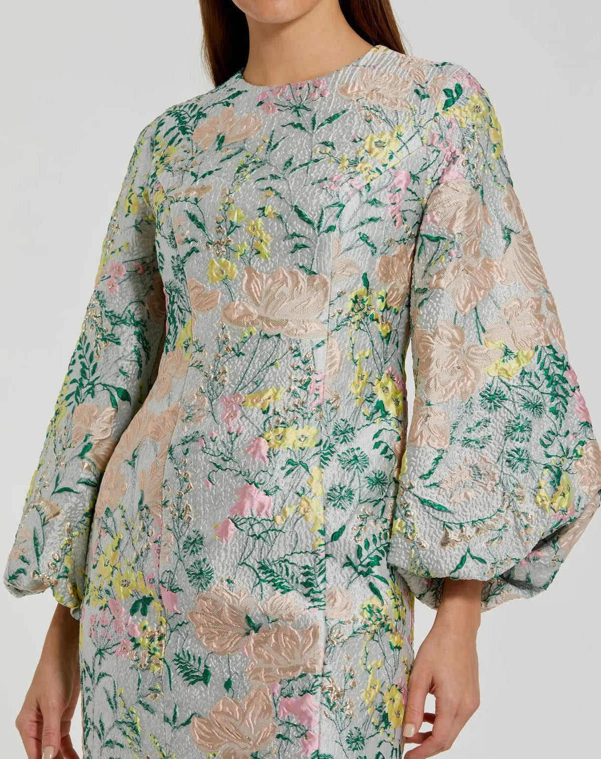 Mac Duggal Multicolor Floral Brocade Puff Sleeve Fitted Mini Dress