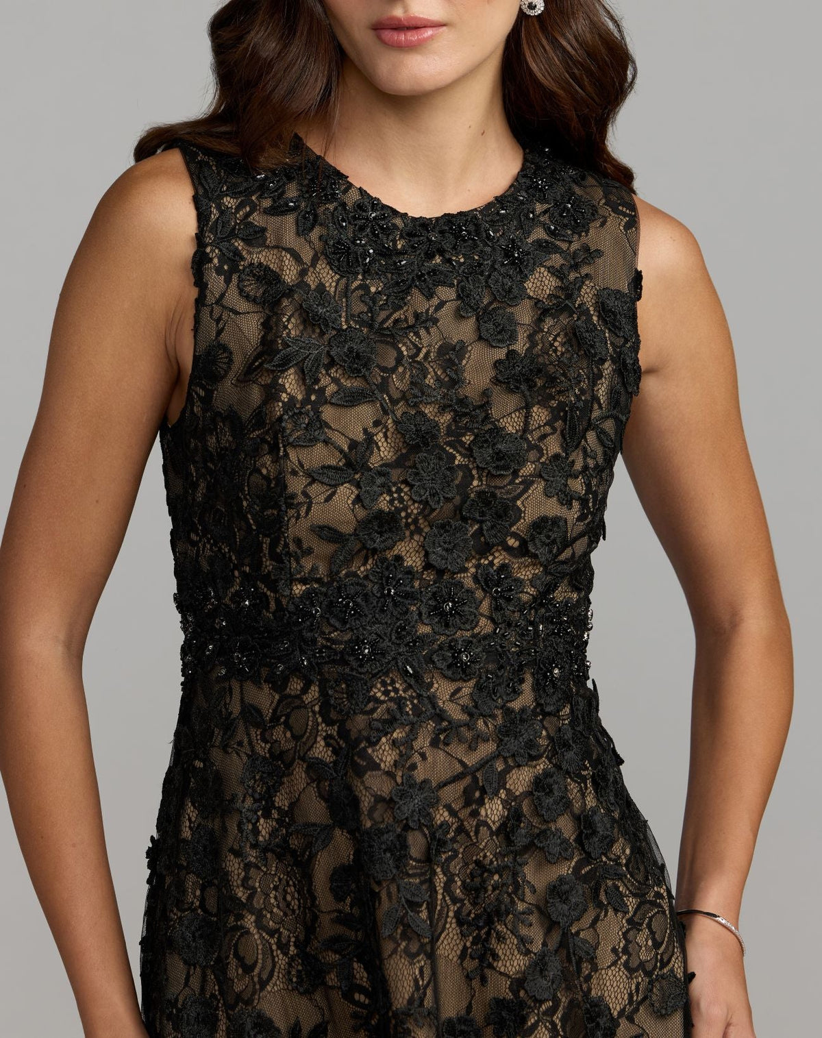 Mac Duggal Petite Black Nude Floral Embroidered High Neck Midi Dress