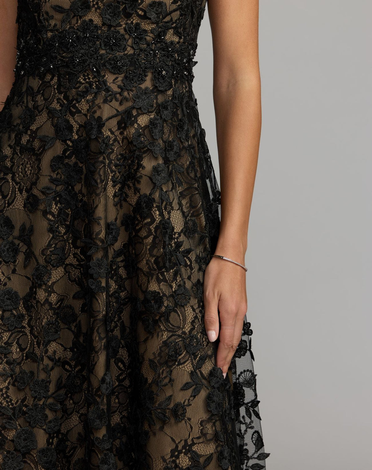 Mac Duggal Petite Black Nude Floral Embroidered High Neck Midi Dress