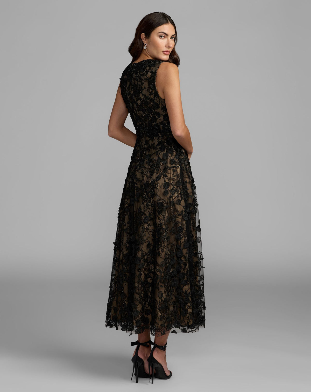 Mac Duggal Petite Black Nude Floral Embroidered High Neck Midi Dress