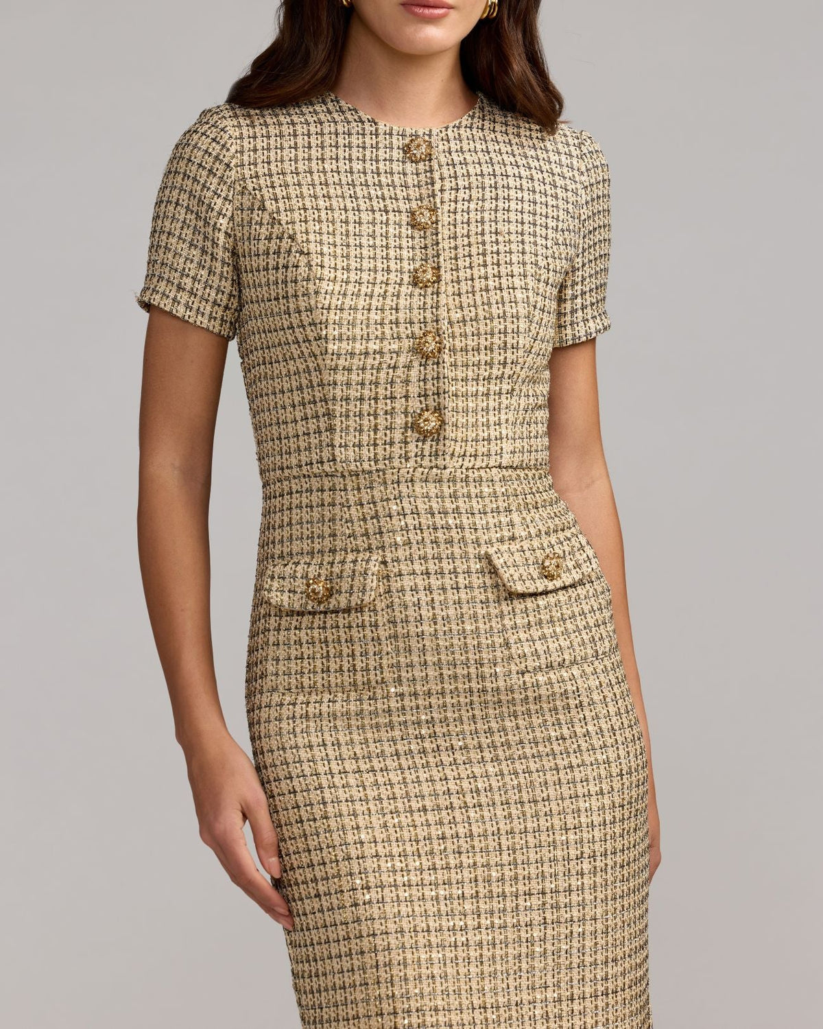 Mac Duggal Beige Boucle Button Front Midi Dress