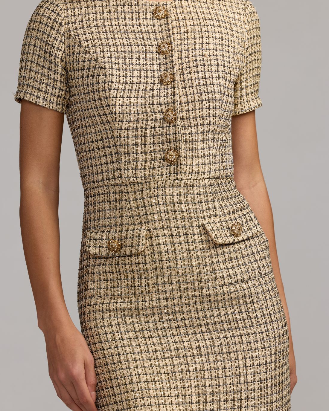 Mac Duggal Beige Boucle Button Front Midi Dress