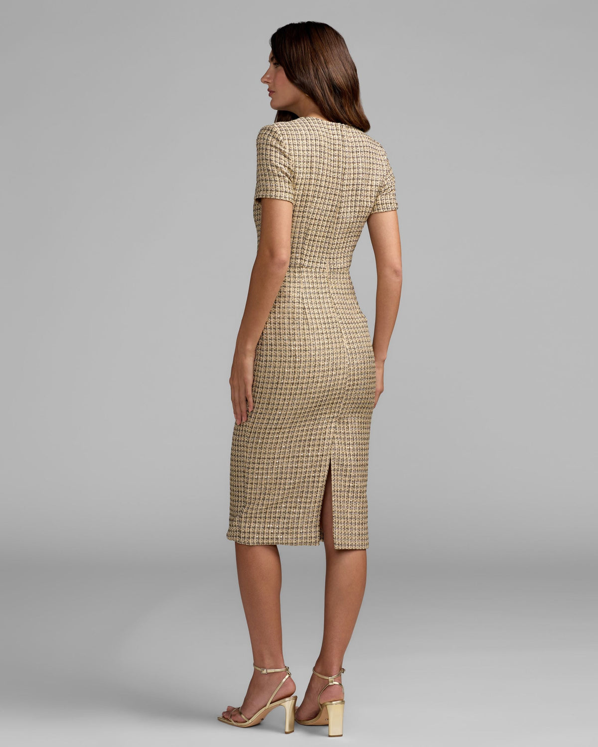 Mac Duggal Beige Boucle Button Front Midi Dress