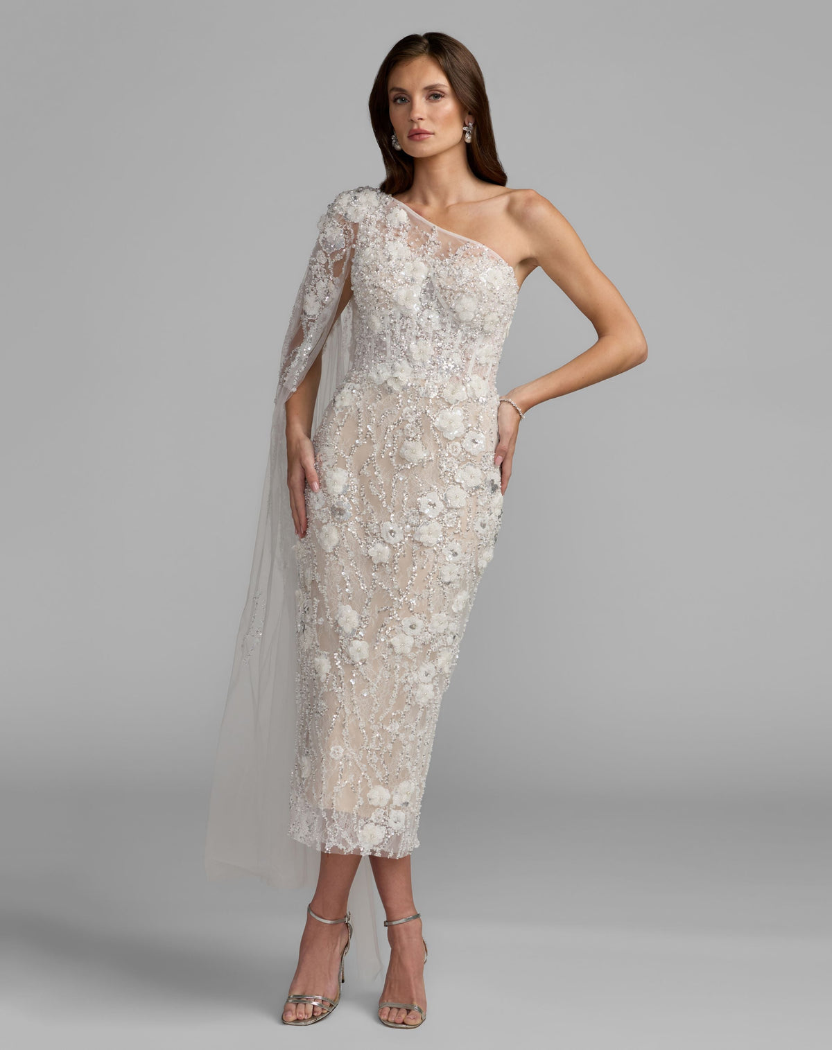 Mac Duggal White Beaded One Shoulder Corset Midi Dress