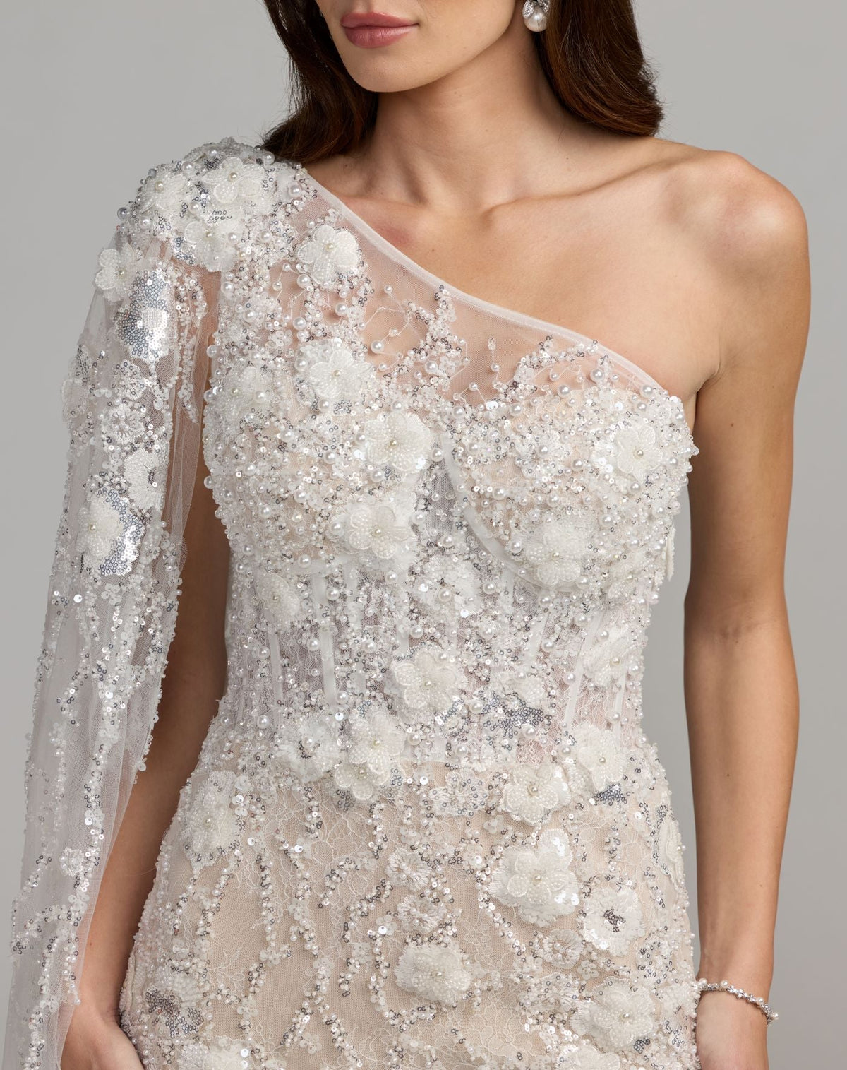 Mac Duggal White Beaded One Shoulder Corset Midi Dress
