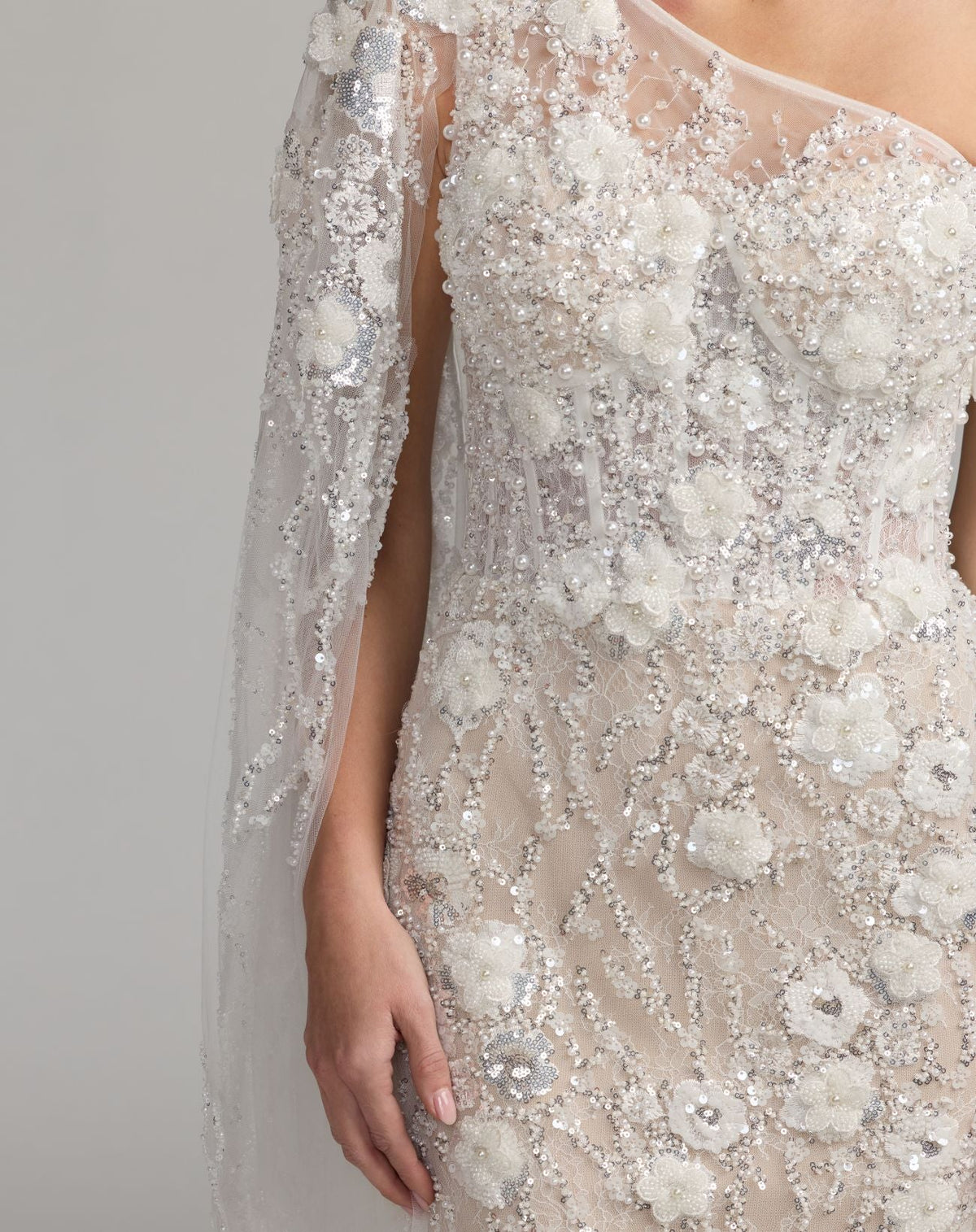 Mac Duggal White Beaded One Shoulder Corset Midi Dress