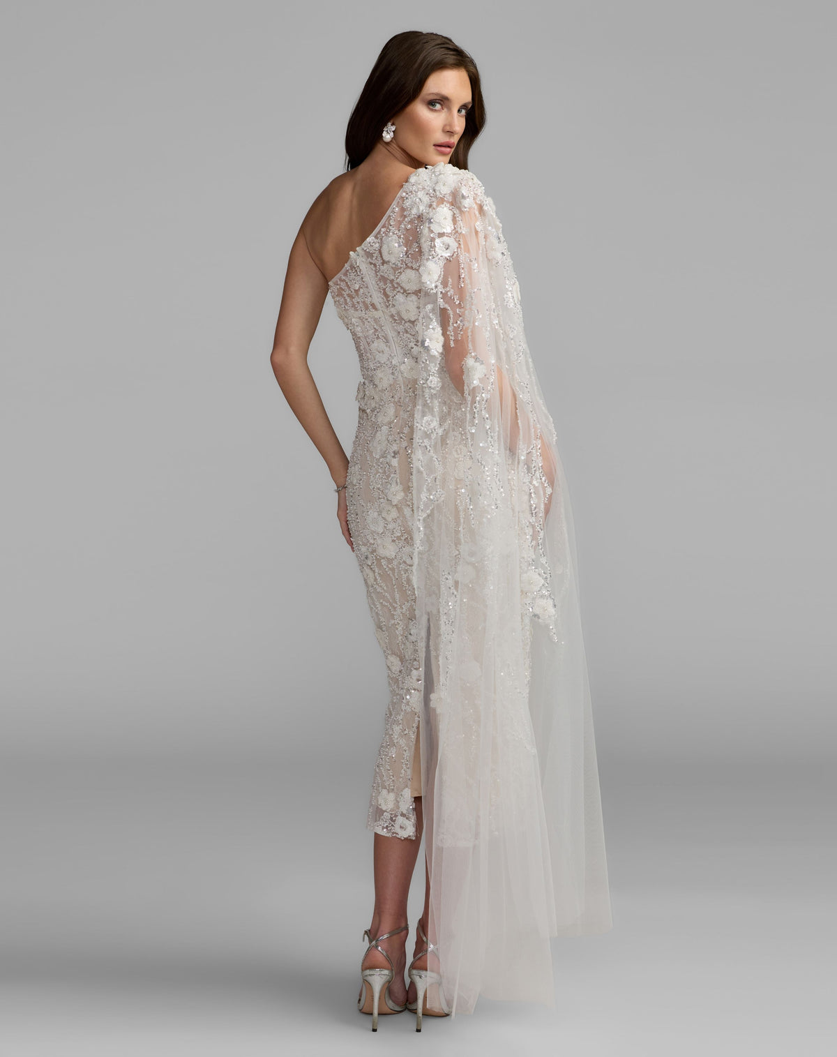 Mac Duggal White Beaded One Shoulder Corset Midi Dress