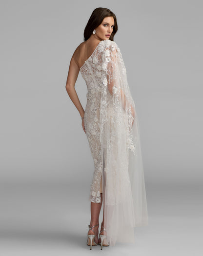 Mac Duggal White Beaded One Shoulder Corset Midi Dress