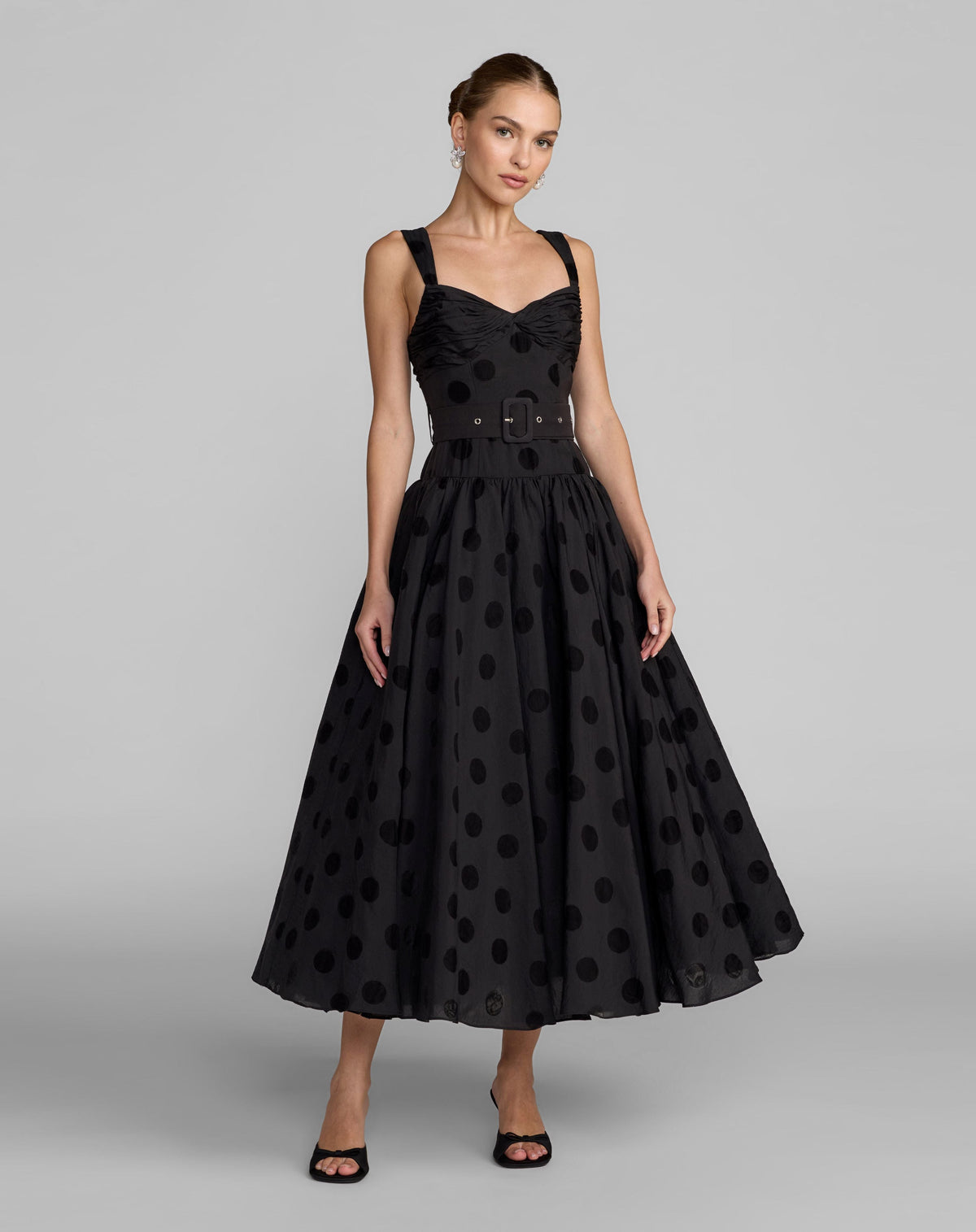 Mac Duggal Black Polka Dot Belted Midi Dress