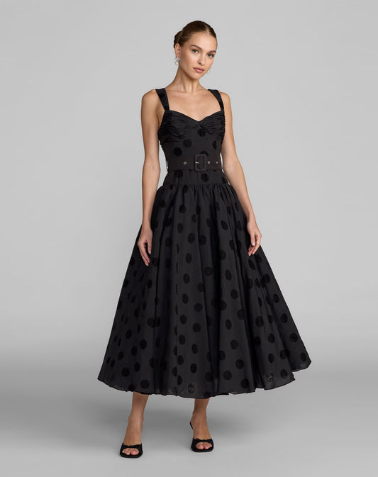 Mac Duggal Black Polka Dot Belted Midi Dress