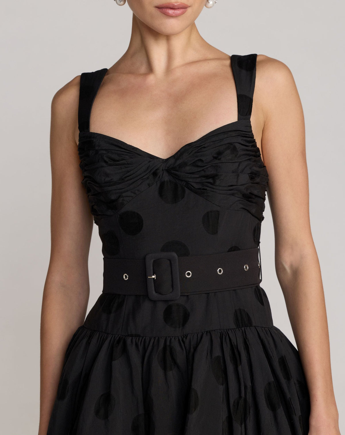 Mac Duggal Black Polka Dot Belted Midi Dress