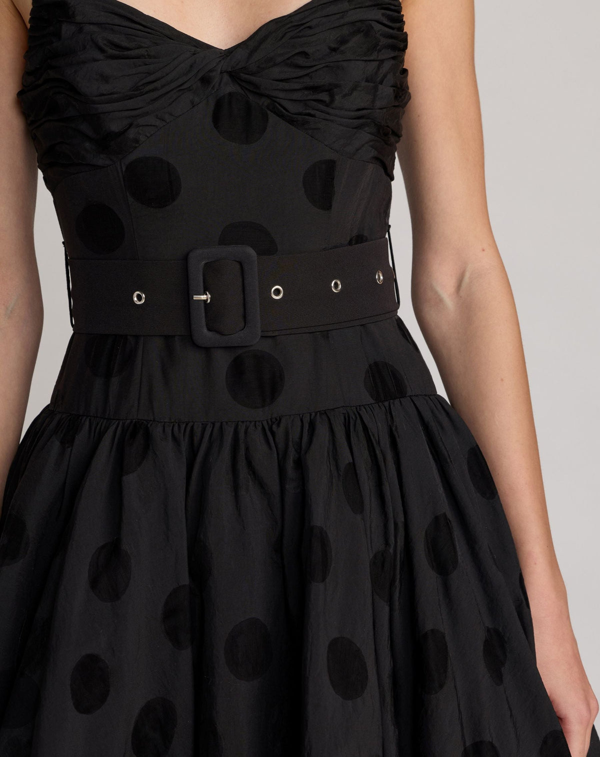 Mac Duggal Black Polka Dot Belted Midi Dress