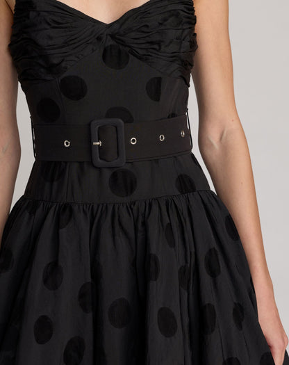 Mac Duggal Black Polka Dot Belted Midi Dress