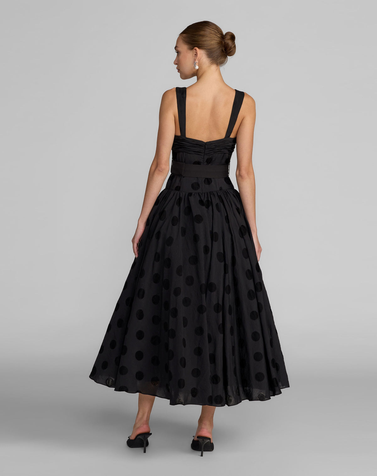Mac Duggal Black Polka Dot Belted Midi Dress