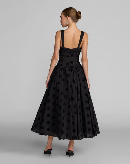 Mac Duggal Black Polka Dot Belted Midi Dress