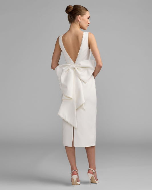 Mac Duggal White Pearl Trim Bow Back Midi Dress