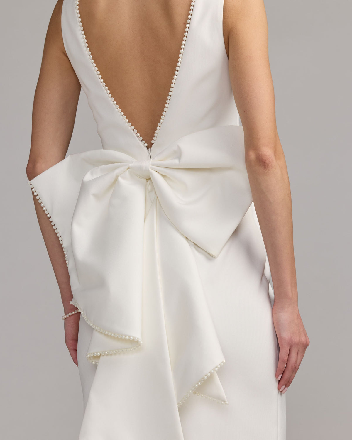 Mac Duggal White Pearl Trim Bow Back Midi Dress