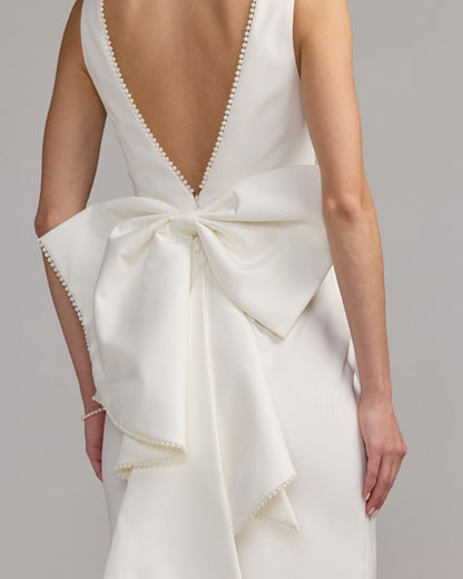 Mac Duggal White Pearl Trim Bow Back Midi Dress