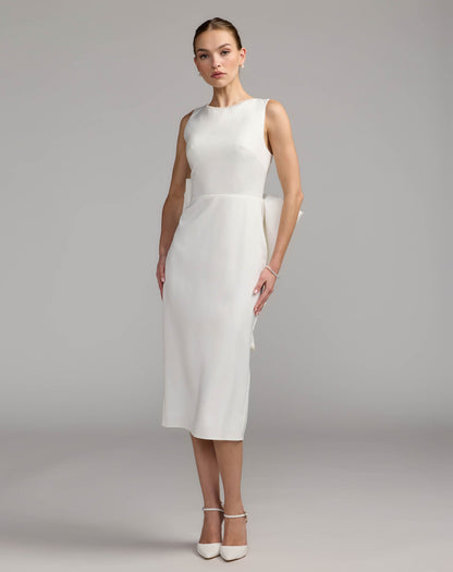 Mac Duggal White Pearl Trim Bow Back Midi Dress