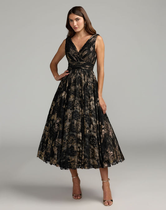 Mac Duggal Black Metallic Lace Sleeveless V-Neck Midi Dress