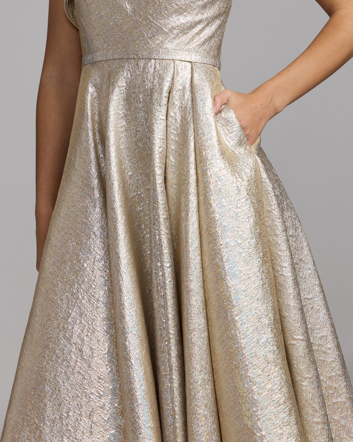 Mac Duggal Light Gold Metallic Ruffle One Shoulder Midi Dress