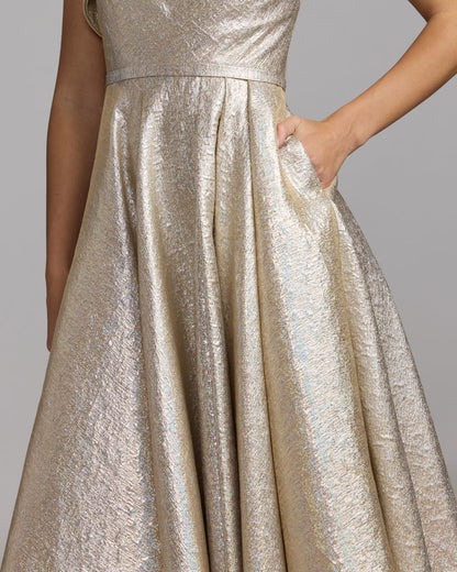 Mac Duggal Light Gold Metallic Ruffle One Shoulder Midi Dress