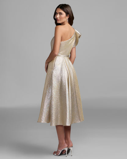 Mac Duggal Light Gold Metallic Ruffle One Shoulder Midi Dress