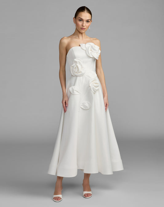 Mac Duggal White Strapless Satin A-Line Dress With 3D Flowers