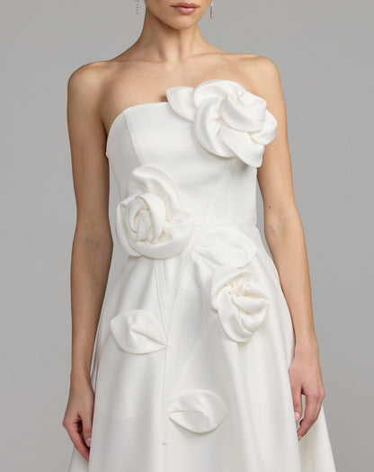 Mac Duggal White Strapless Satin A-Line Dress With 3D Flowers