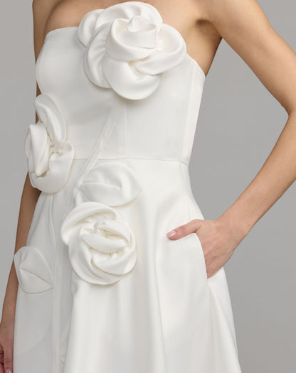 Mac Duggal White Strapless Satin A-Line Dress With 3D Flowers