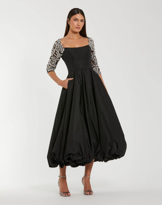 Mac Duggal Mac Duggal Black Faille Embellished Sleeve Tea-Length Dress