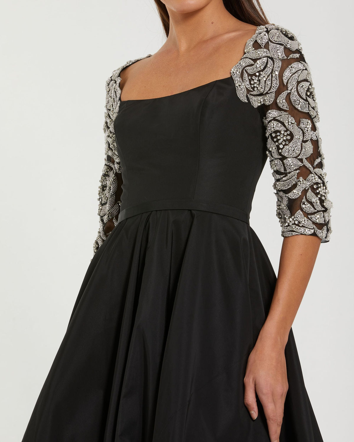 Mac Duggal Mac Duggal Black Faille Embellished Sleeve Tea-Length Dress