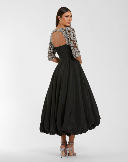 Mac Duggal Mac Duggal Black Faille Embellished Sleeve Tea-Length Dress