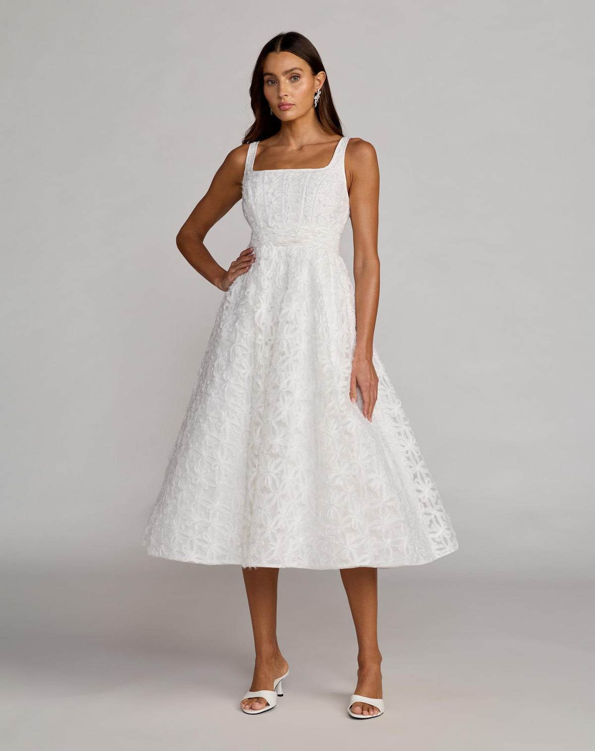 Mac Duggal White Tulle Floral Midi Dress With Pockets