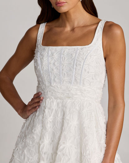 Mac Duggal White Tulle Floral Midi Dress With Pockets