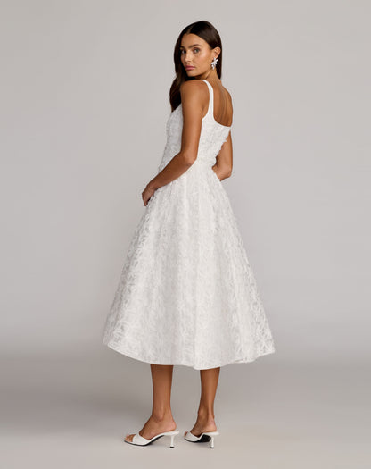 Mac Duggal White Tulle Floral Midi Dress With Pockets