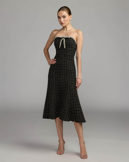 Mac Duggal Black Pearl Trim Boucle Midi Dress