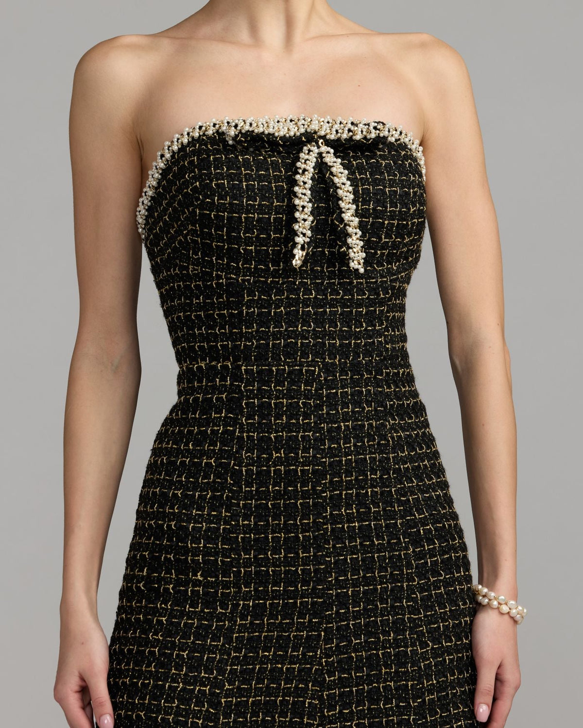 Mac Duggal Black Pearl Trim Boucle Midi Dress