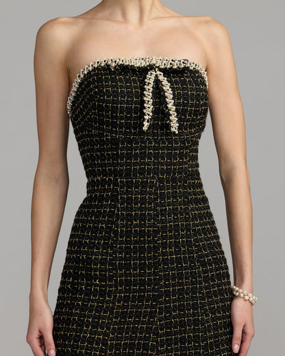 Mac Duggal Black Pearl Trim Boucle Midi Dress