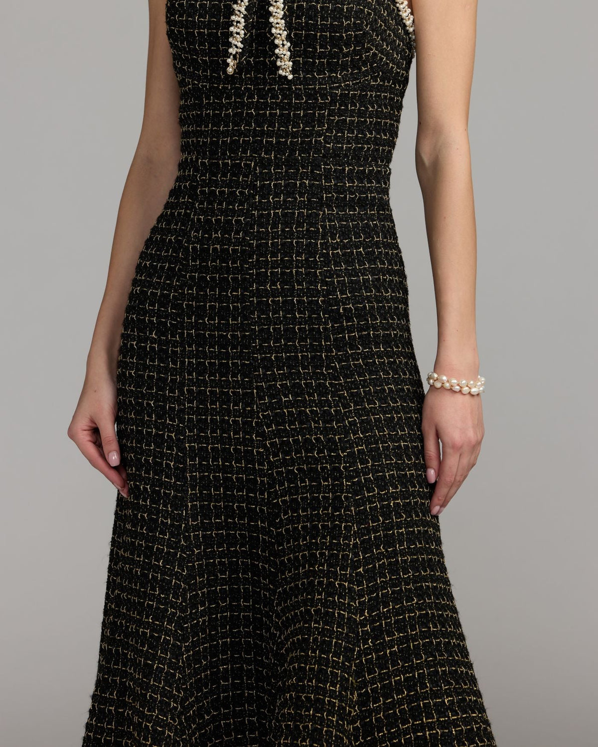 Mac Duggal Black Pearl Trim Boucle Midi Dress