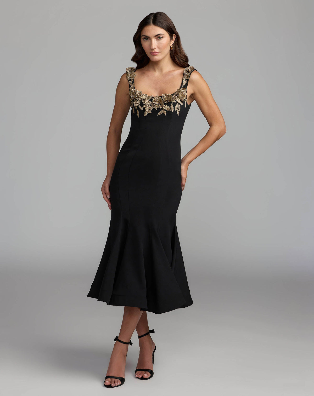 Mac Duggal Black 3D Floral Trumpet Midi Dress