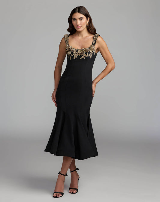 Mac Duggal Black 3D Floral Trumpet Midi Dress