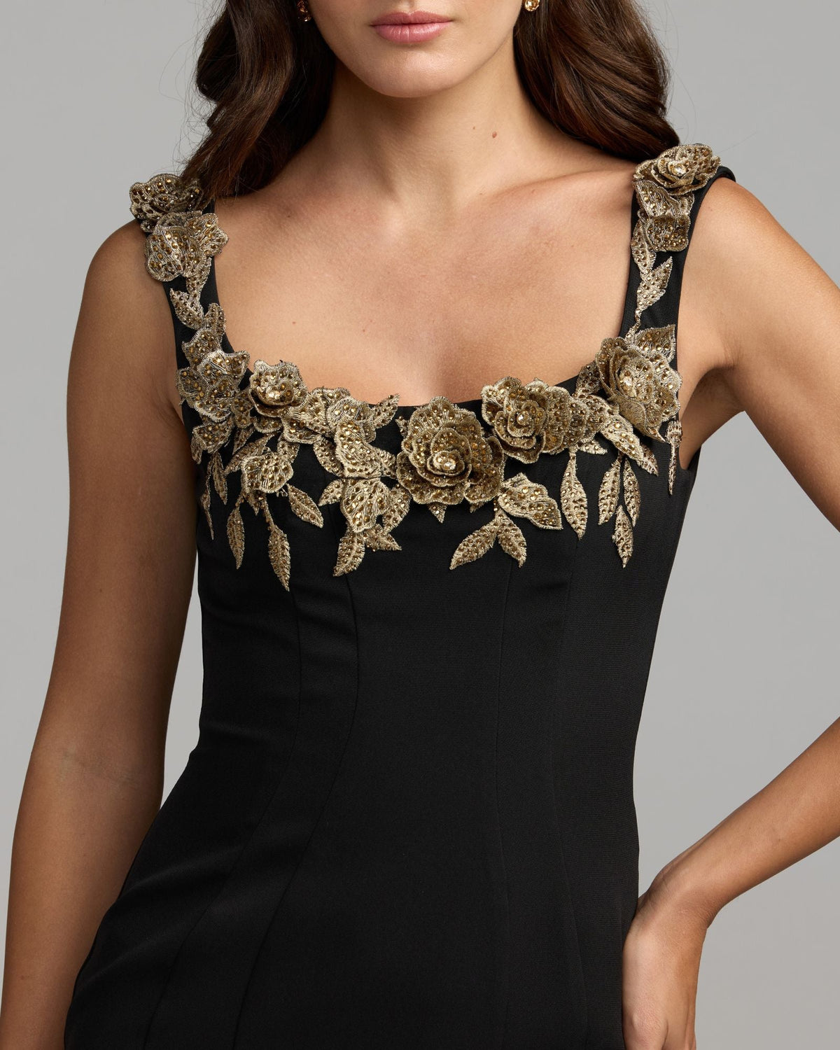 Mac Duggal Black 3D Floral Trumpet Midi Dress