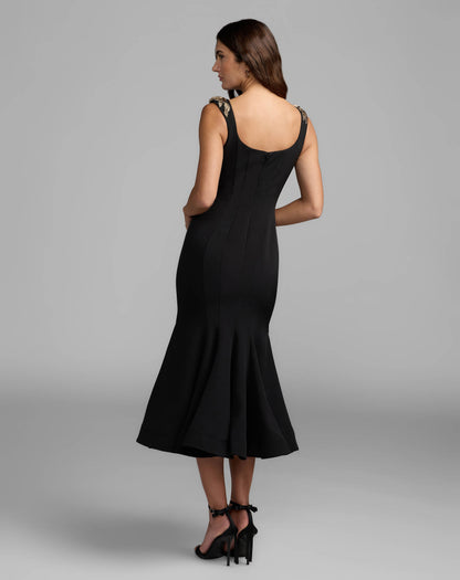 Mac Duggal Black 3D Floral Trumpet Midi Dress