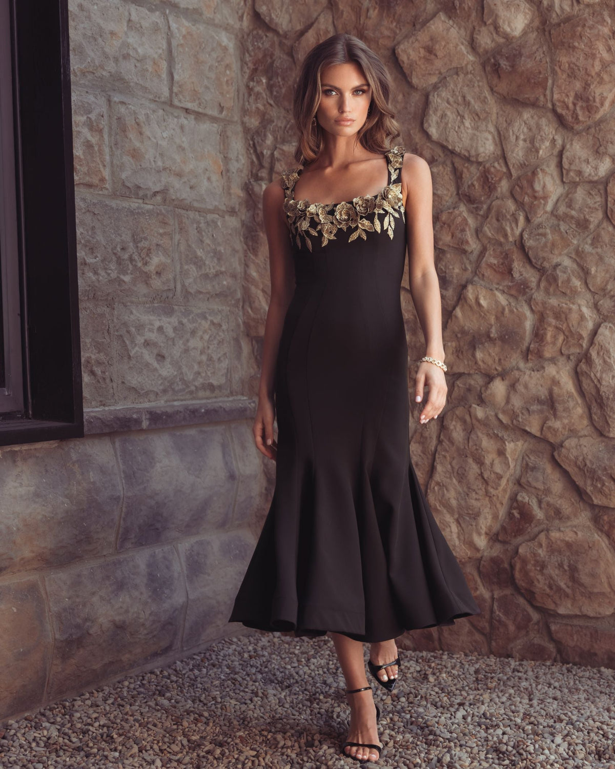 Mac Duggal Black 3D Floral Trumpet Midi Dress