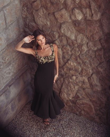 Mac Duggal Black 3D Floral Trumpet Midi Dress