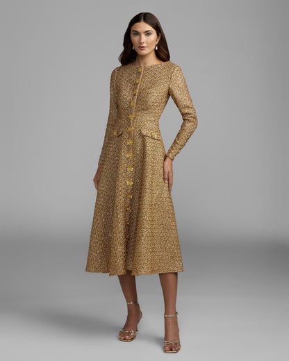 Mac Duggal Gold Metallic Sequin Bouclé Midi Dress