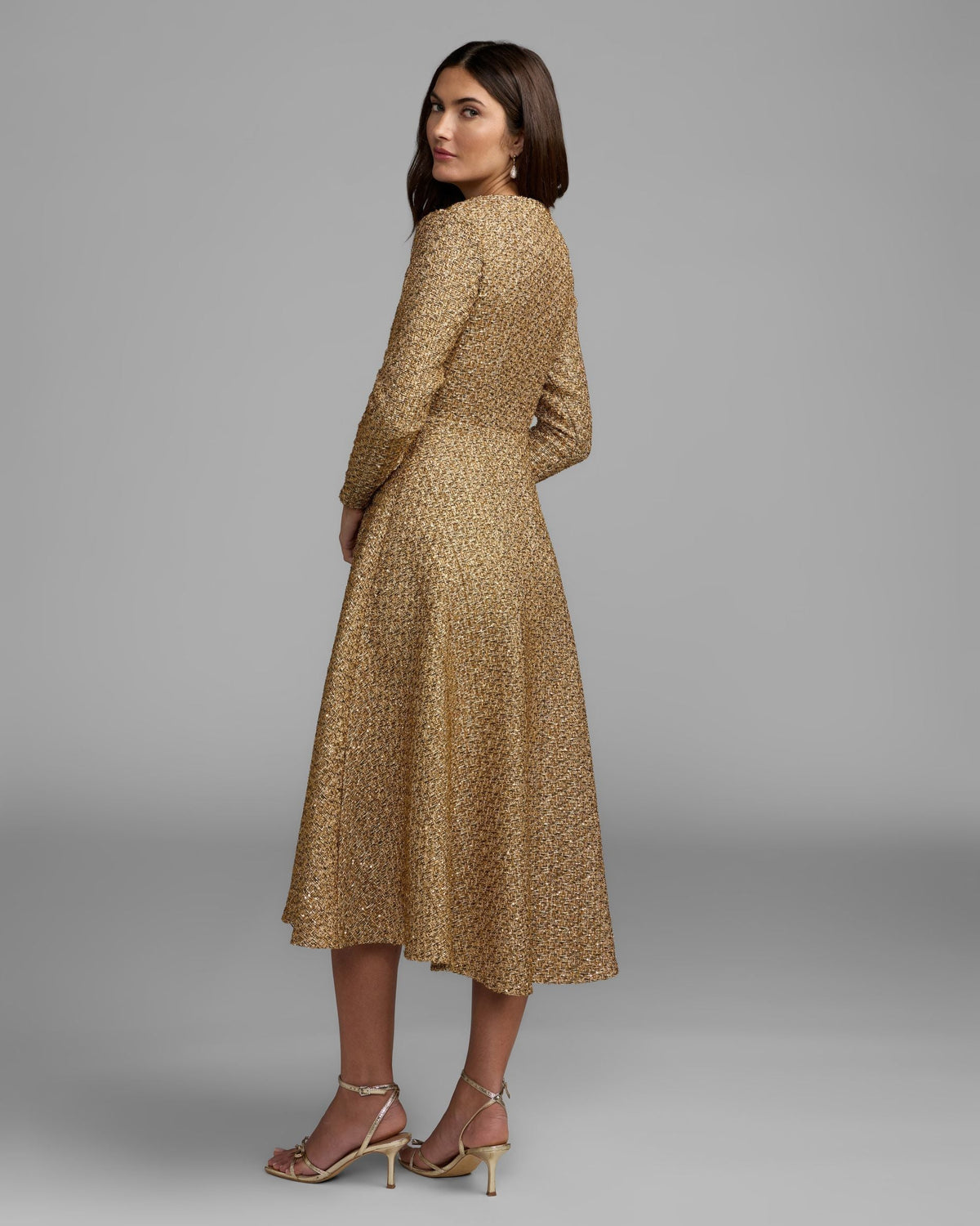 Mac Duggal Gold Metallic Sequin Bouclé Midi Dress