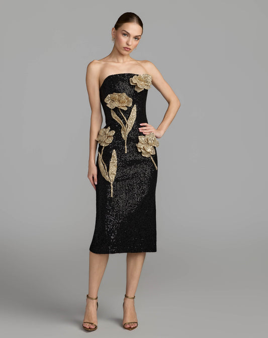 Mac Duggal Black Gold 3D Floral Sequin Midi Dress